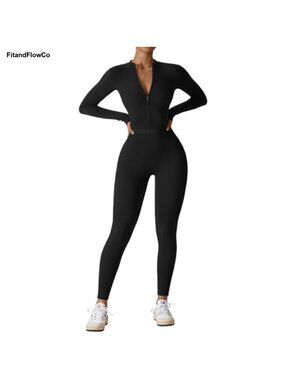 Long Sleeve Zip Up Workout Jumpsuit High Compression Bodysuit Romper